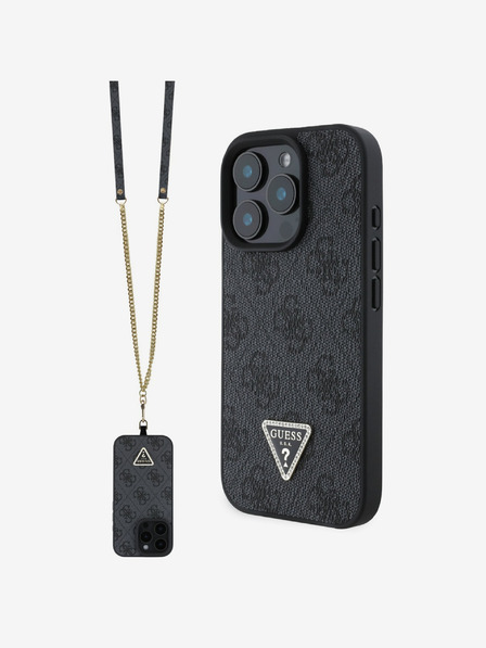Guess Guess PU 4G Strass háromszög fém logós hátlap + keresztpánt az iPhone 16 Pro Max készülékhez Fekete