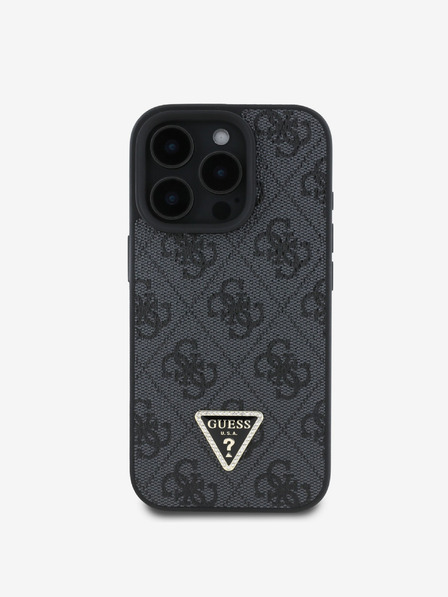 Guess Guess PU 4G Strass háromszög fém logós hátlap + keresztpánt az iPhone 16 Pro Max készülékhez Fekete