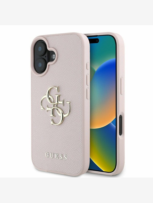 Guess PU Grained 4G Metal Logo Zadní Kryt pro iPhone 16 Pink Telefontok Lila akciós termékkép 1