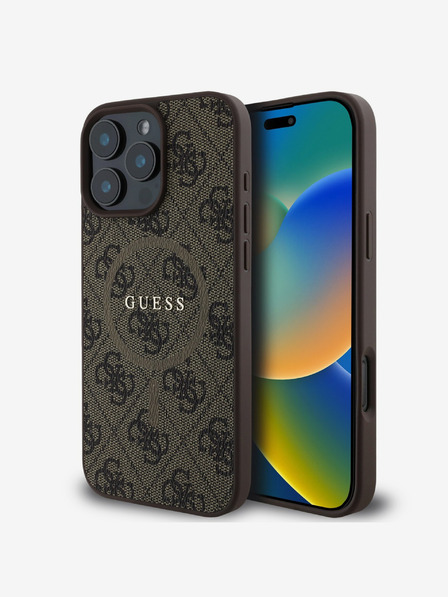 Guess Guess PU bőr 4G színes gyűrűs MagSafe hátlap iPhone 16 Pro készülékhez Barna