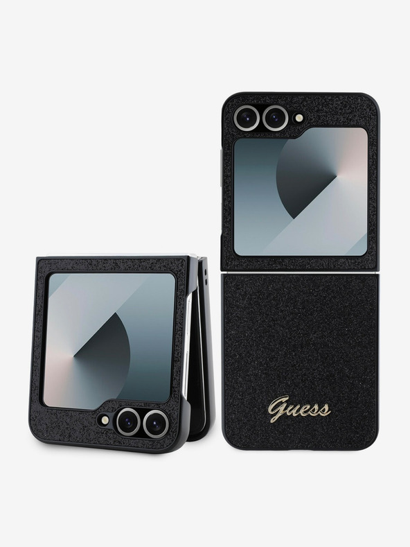 Guess Guess PC/TPU csillámpelyhek fém logós hátlap a Samsung Galaxy Z Flip 6-hoz Samsung Galaxy Z Flip 6 fekete