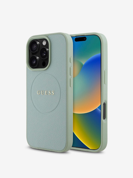 Guess Guess PU szemcsés klasszikus logós MagSafe hátlap iPhone 16 Pro iPhone 16-hoz Zöld