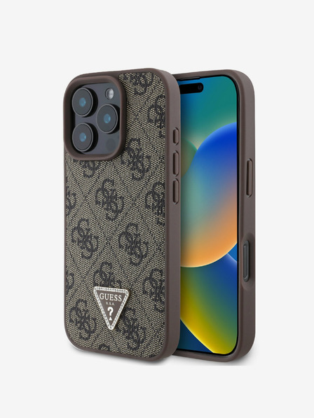 Guess Guess PU 4G Strass háromszög fém logós hátlap iPhone 16 Pro készülékhez Barna