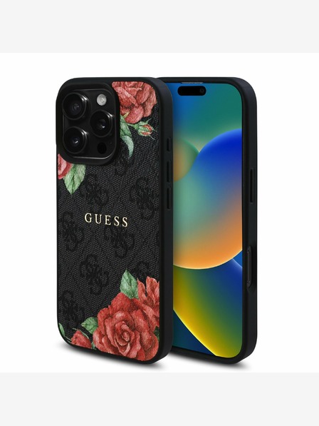 Guess Guess PU bőr 4G rózsák MagSafe hátlap iPhone 16 Pro fekete fekete
