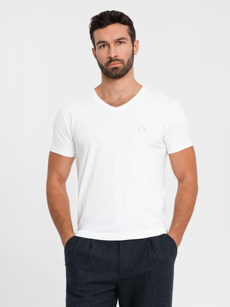 Ombre Clothing Férfi SLIM FIT V-nyakú póló elasztánnal és nyomtatással fehér Ombre Ruházat