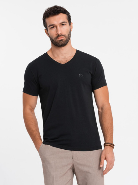 Ombre Clothing Férfi SLIM FIT V-nyakú póló elasztánnal és nyomtatással fekete Ombre ruházat