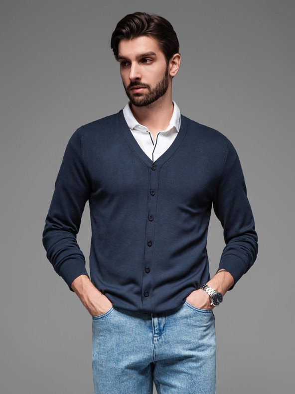 Ombre Clothing Férfi kötött pulóver strukturált pöttyökkel - sötétkék Ombre ruházat