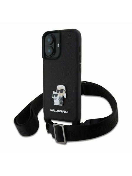 Karl Lagerfeld Karl Lagerfeld Saffiano Keresztpántos Pánt Fém Karl and Choupette Hátlap iPhone 16 Plus Fekete