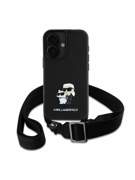 Karl Lagerfeld Karl Lagerfeld Saffiano Keresztpántos Pánt Fém Karl and Choupette Hátlap iPhone 16 Plus Fekete