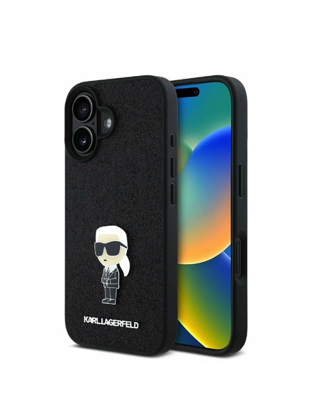 Karl Lagerfeld Karl Lagerfeld Rögzített Csillogó Fém Ikonik Hátlap iPhone 16 Fekete