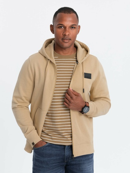 Ombre Clothing Férfi kapucnis, cipzáras melegítőfelső foltokkal - homok V2 OM-SSZP-0140 Ombre Ruházat Ombre Clothing