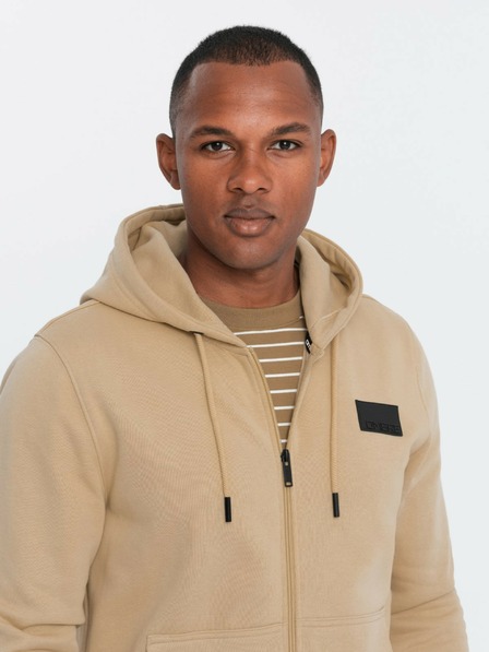 Ombre Clothing Férfi kapucnis, cipzáras melegítőfelső foltokkal - homok V2 OM-SSZP-0140 Ombre Ruházat Ombre Clothing