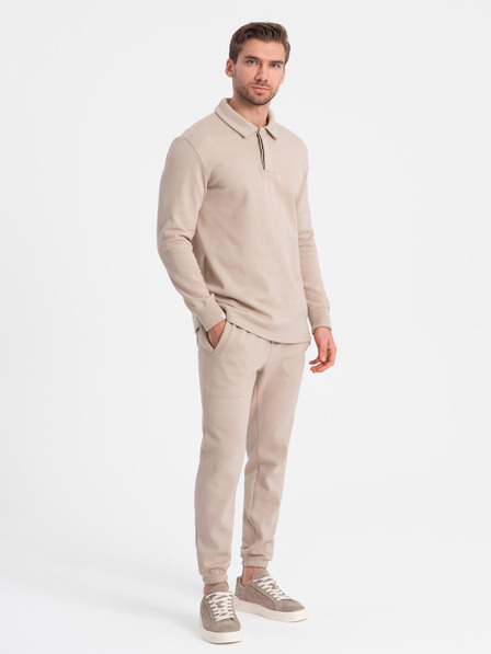 Ombre Clothing Bézs férfi tréningruha póló gallér pulóver + nadrág Ombre ruházat