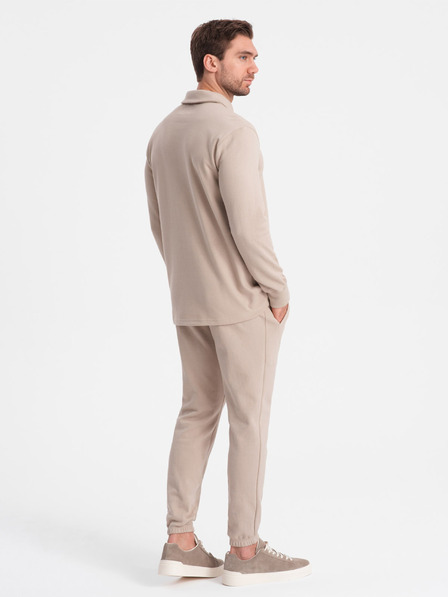 Ombre Clothing Bézs férfi tréningruha póló gallér pulóver + nadrág Ombre ruházat
