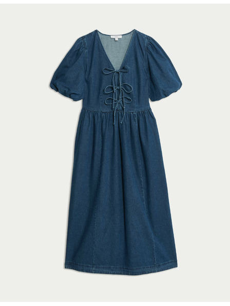 Marks & Spencer Farmer midi ruha V-nyakkivágással, megkötővel és kiemelt derékkal Marks & Spencer - tengerkék