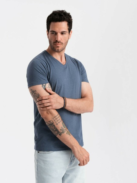 Ombre Clothing Férfi klasszikus pamut V-nyakú BASIC póló - kék V18 OM-TSBS-0145 Ombre ruházat