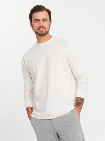 Ombre Clothing Férfi LOOSE FIT hosszú ujjú, kerek nyakú pamut póló - krém V2 OM-LSBC-0129 Ombre Ruházat Ombre Clothing