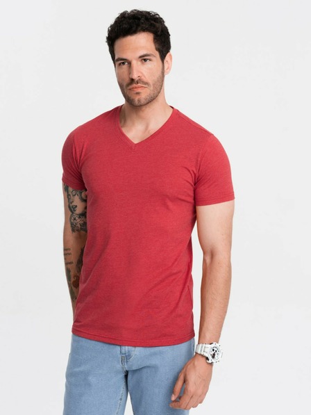 Ombre Clothing Férfi klasszikus pamut V-nyakú BASIC póló - piros V17 OM-TSBS-0145 Ombre ruházat