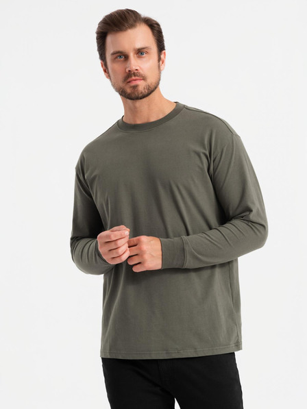 Ombre Clothing Férfi pamut LOOSE FIT hosszú ujjú, kerek nyakú póló - szürkészöld V3 OM-LSBC-0129 Ombre Ruházat