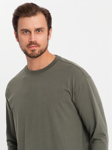 Ombre Clothing Férfi pamut LOOSE FIT hosszú ujjú, kerek nyakú póló - szürkészöld V3 OM-LSBC-0129 Ombre Ruházat