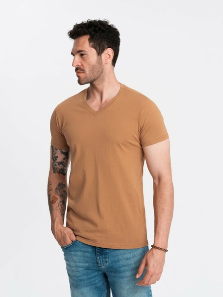 Ombre Clothing Férfi klasszikus pamut V-nyakú BASIC póló - barna V9 OM-TSBS-0145 Ombre ruházat