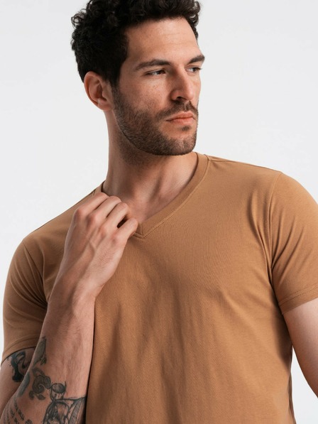 Ombre Clothing Férfi klasszikus pamut V-nyakú BASIC póló - barna V9 OM-TSBS-0145 Ombre ruházat