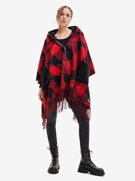 Desigual Desigual Checkys Arenal/Zipper fekete-piros kockás női poncsó