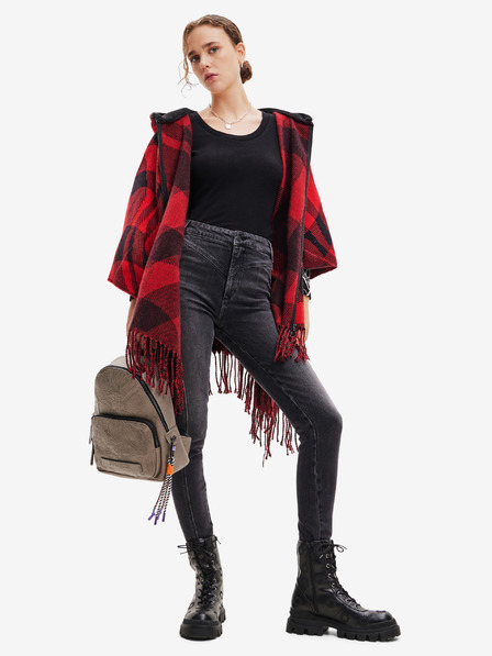Desigual Desigual Checkys Arenal/Zipper fekete-piros kockás női poncsó