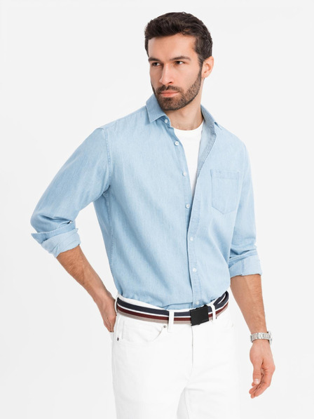 Ombre Clothing Férfi hímzett farmer ing zsebbel - világoskék Ombre Ruházat