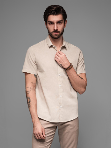 Ombre Clothing Férfi rövid ujjú ing kubai gallérral bézs Ombre Ruházat