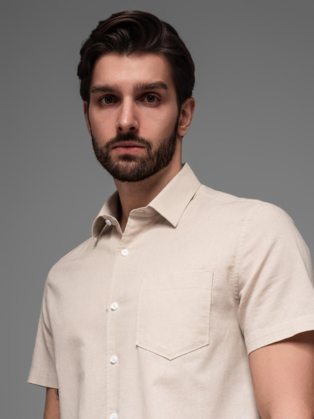 Ombre Clothing Férfi rövid ujjú ing kubai gallérral bézs Ombre Ruházat