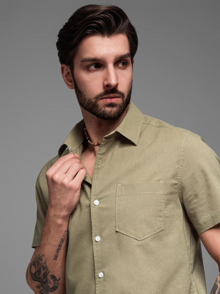 Ombre Clothing Férfi rövid ujjú ing kubai gallérral khaki Ombre Ruházat