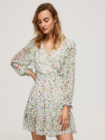 Pepe Jeans Krémszínű virágmintás rövid fodros ruha Pepe Jeans Dina