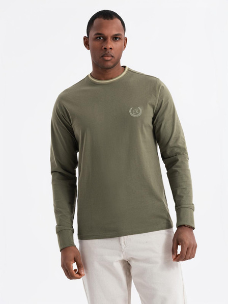 Ombre Clothing Ombre Clothing férfi hosszú ujjú pamut póló csíkos U-nyakkal és hímzéssel