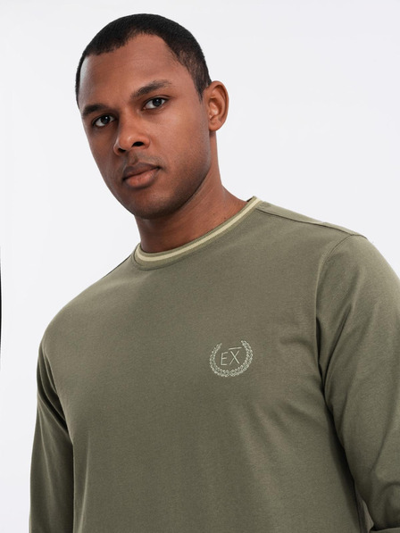 Ombre Clothing Ombre Clothing férfi hosszú ujjú pamut póló csíkos U-nyakkal és hímzéssel