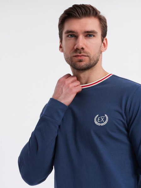 Ombre Clothing Ombre Clothing férfi hosszú ujjú pamut póló csíkos U-nyakkal és hímzéssel