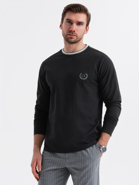 Ombre Clothing Ombre Clothing férfi hosszú ujjú pamut póló csíkos U-nyakkal és hímzéssel