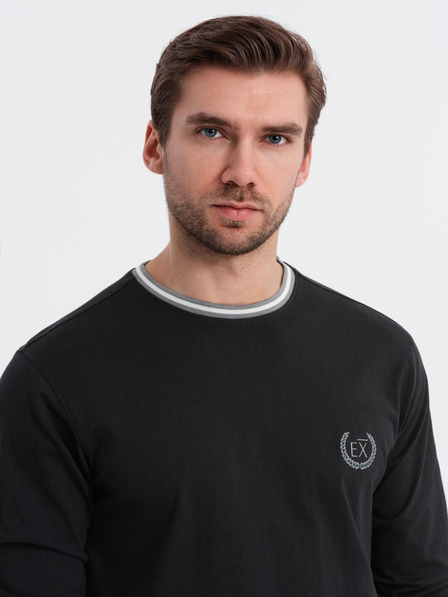 Ombre Clothing Ombre Clothing férfi hosszú ujjú pamut póló csíkos U-nyakkal és hímzéssel